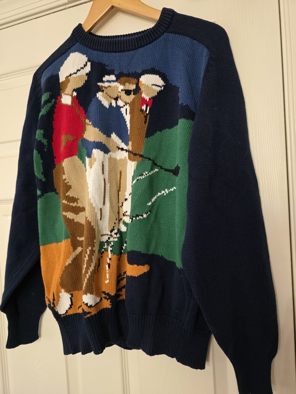 Vintage Hathaway Golf Course Scene Navy Knit Sweater Cotton Size L